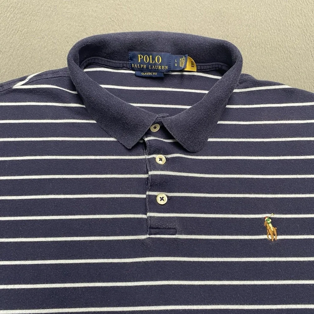 Polo Ralph Lauren Polo Shirt Mens Large Blue White Stripe 100% Cotton Pony Logo